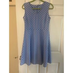 Talbots Fit & Flare Dress Sleeveless Blue Printed Ponte Knit V Neck Med Petite